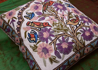 Tree of Life Pillow Cover Lavender Floral Pillowcase Botanical Flower Pillows Plants Farmhouse Traditional Chair Cushions Needlepoint Hand Embroidered Wool Size - 18x18