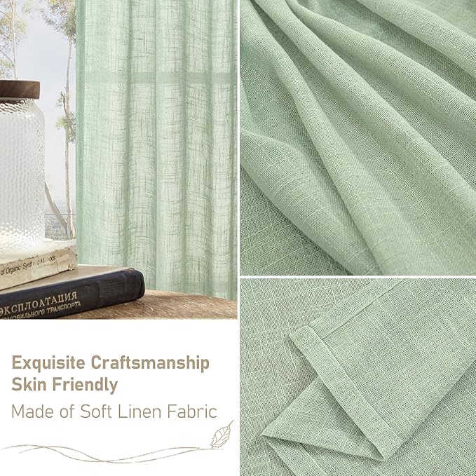 LAMIT Linen Curtains 48 Inch Length 2 Panels, Light Filtering Panels Bronze Grommet Neutral Drapes for Kitchen/Window/Loft Room/Bedroom, 34 x 48 Inch, Fresh Green