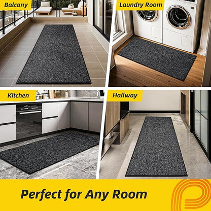 JSEI Dirt Trapper Door Mat 24"x60" Non-Slip Washable Entrance Mat, Dog Doormats, Absorbent & Fade-Resistant Floor Mats, Low Profile Welcome Mats for Entryway, Front Door, and Inside Entrance, Black