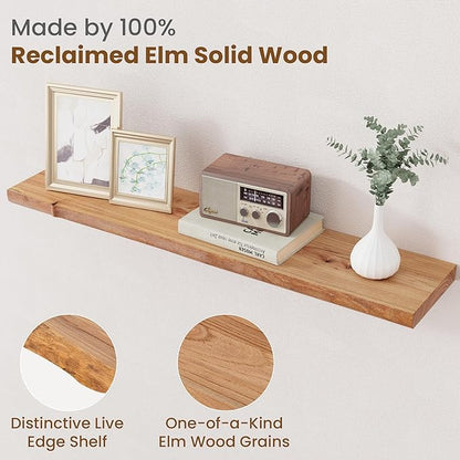 Floating Shelves for Wall Decor, Rustic Solid Elm Wood Live Edge Floating Shelves Wall Mounted, Wall Shelves with Invisible Bracket for Living Room Bathroom Bedroom Kitchen, 36 Inch Set of 2, Natural