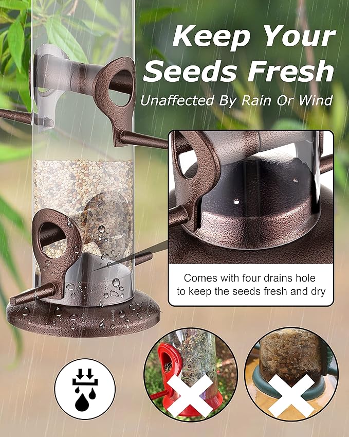 iBorn Metal Bird Feeder Hanging Wild Bird Seed Feeder for Mix Seed Blends Heavy Duty All Metal Coffee Finish,14 Inch 6 Port(Seed is not Included)