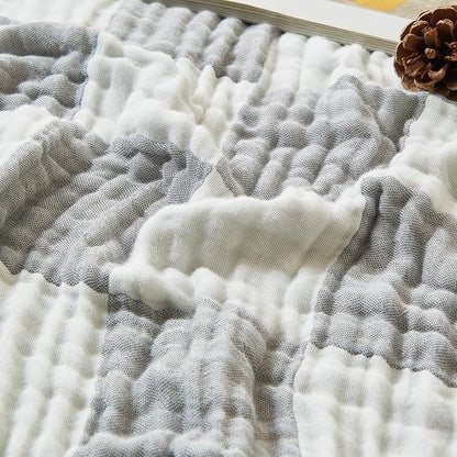 EMME Checkered Cotton Queen Size Bed Blanket, 80"x90", Lightweight Breathable Cooling All Season Gauze, Light Grey