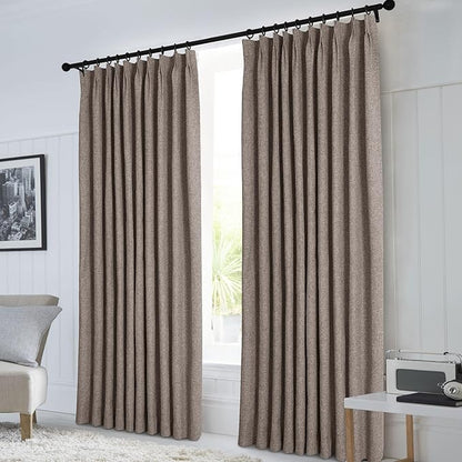 Macochico Pinch Pleated Blackout Linen Curtains 96 Inches Long 100% Light Blocking Burlap Curtains for Bedroom Living Room Thermal Window Panels with Tieback 72”Wx96”L Light Coffee 1 Panel