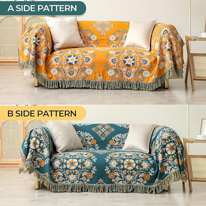 Boho Throw Blanket for Bed,100% Cotton Ultra Soft Lightweight Muslin 4-Layer Breathable Woven Throws 80''x 90'' Blanket Yellow Floral Printed Farmhouse Decor Bed Blankets