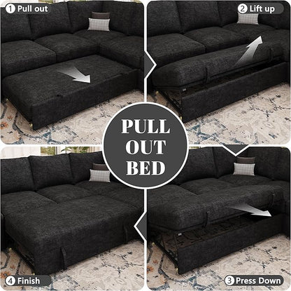 108 Inch Modular Sectional Sofa with Pull Out Bed,U Shaped 7 Seat Sectional Sleeper Sofa with Storage,Sectional Couches for Living Room,Cloud Modular Couch,Removable Sofa Cover,Black