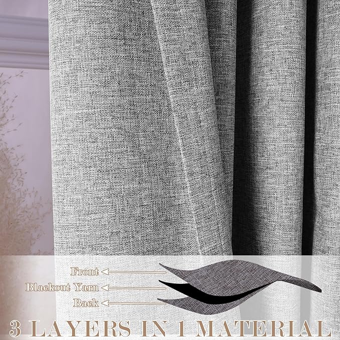 Light Grey Pinch Pleat 100% Blackout Drapes Linen Blend, Room Divider, Room Darkening, Energy Saving, Furniture Protecting, Light Blocking Extra Wide Privacy Curtains, 200Wx102L, 1 PC