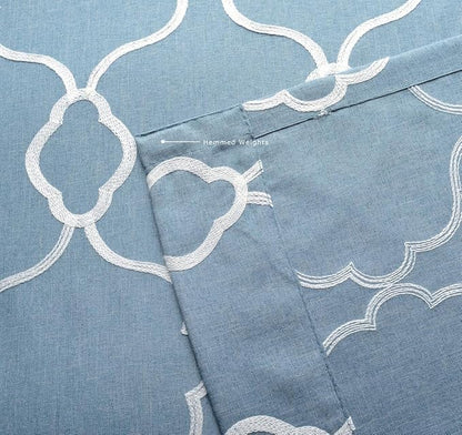 MIUCO Moroccan Embroidery Semi Sheer Curtains Faux Linen Grommet Curtains for Bedroom 52 x 63 Inch 2 Panels, Dusty Blue