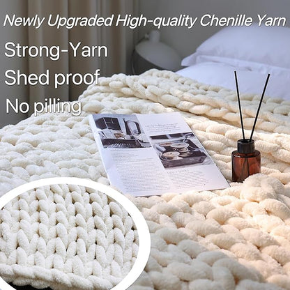 Maetoow Chenille Chunky Knit Blanket Throw （60×80 Inch）, Handmade Warm & Cozy Blanket Couch, Bed, Home Decor, Soft Breathable Fleece Banket, Christmas Thick and Giant Yarn Throws, Cream