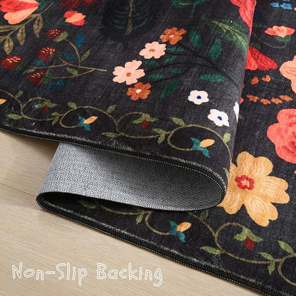 Runner Rug for Hallways Kitchen Rug Non Slip 2'x 6' Washable Runner Rugs with Rubber Backing Soft Floral Carpet Runner for Hallways, Kitchen, Laundry, Bedroom, Bathroom(Black)