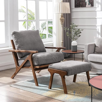 chairus 2 Sets Mid-Century Modern Accent Chairs with Ottoman, Linen Fabric Armchair with Wood Legs Comfy Upholstered Single Sofa Chair for Living Room/Bedroom/Lounge, Grey