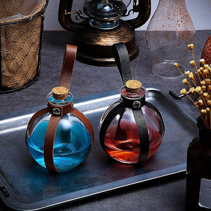 Patelai 2 Pcs Halloween Glass Potion Bottles with Belt Cork Renaissance Witch Costume Accessories Witch Props Potion Bottle for Halloween Party Decor Cosplay DIY Crafts Gift (Black,Brown)