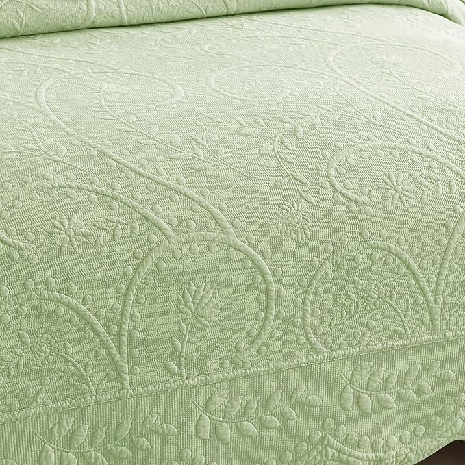 MarCielo 3-Piece 100% Cotton Oversized Bedspread Lightweight Quilt Coverlet Embroidery Farmhouse Bedding Set (TX Pale Green, Oversized Queen (100"x106"))
