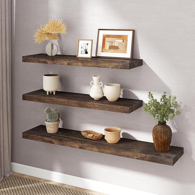 RICHFOCUS Elm Floating Shelves for Wall - 48" W x 9.3" D Rustic Solid Wood Shelves with Invisible Bracket, Wall-Mounted for Living Room, Bedroom, Kitchen Storage & Display, Set of 1, Walnut