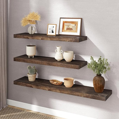 RICHFOCUS Elm Floating Shelves for Wall - 48" W x 9.3" D Rustic Solid Wood Shelves with Invisible Bracket, Wall-Mounted for Living Room, Bedroom, Kitchen Storage & Display, Set of 1, Walnut