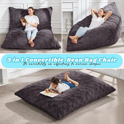 Hobestluk 3 in 1 Bean Bag Chair Giant Bean Bag Chairs for Adults with Plaid Cover Convertible Bean Bag Floor Cushion with Machine Washable Cover for Living Room (Plaid Dark Grey)