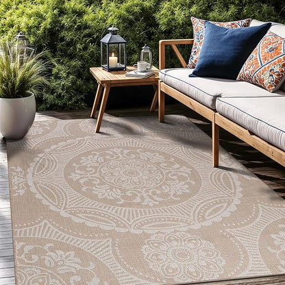 Medallion Outdoor Rug 6x9 Washable Outside Carpet for Indoor Patio Porch Waterproof Easy Cleaning Non Shedding Area Rugs Beige 6 x 9