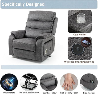 Power Lift Recliner Chair for Adults Elderly Lay Flat Velvet Recliners with Massage Heating, Extended Footrest, Wireless Charging Device, USB Ports, Cup Holder, Lumbar Pillow