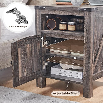 OKD Nightstand with Charging Station Set of 2, 18 Inchs Farmhouse End Table with Adjustable Storage Shelf, Rustic Wood Sofa Side Table for Bedroom
