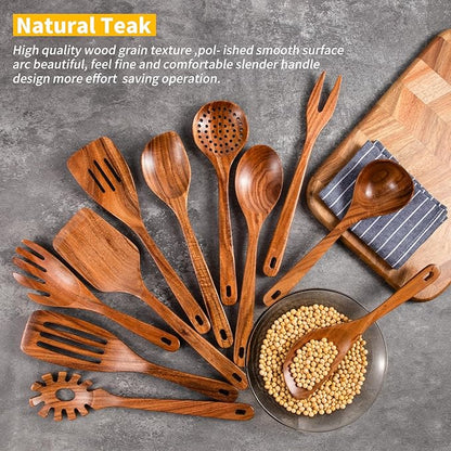 GUDAMAYE 11 PCE Wooden Spoons for Cooking, Wooden Kitchen Utensils Set,Wooden Cooking Utensils,Natural Teak Wooden Spoons For Non-stick Pan