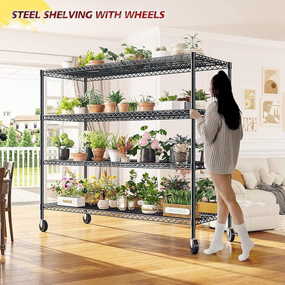 REIBII 55.5''W Storage Shelves 2500LBS Wire Shelving Unit with Wheels Heavy Duty Metal Shelves for Storage Adjustable Garage Storage Rack Pantry Shelf Kitchen Shelving, 75.6" H X 55.5''W X 24" D, 3PCS
