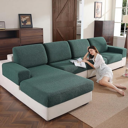 Couch Cushion Covers for Sectional Sofa, Stretch Soft Sofa Slipcovers Washable Wear-Resistant Universal Furniture Protector for Living Room(3 Seaters Covers+1 Chaise Cover, Green)