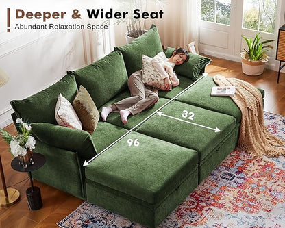 135.5" Oversized Modular Sectional Sofa, L Shaped Convertible Couch with Movable Ottoman, Large 6 Seat Corner Couches for Living Room Deep Seat Green Chenille