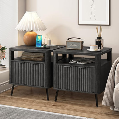 Nightstand Set of 2 with Charging Station, 24" End Table Side Table with Open Shelf, Modern Large Wood Fluted Bedside Cabinet for Bedroom, Living Room, Black