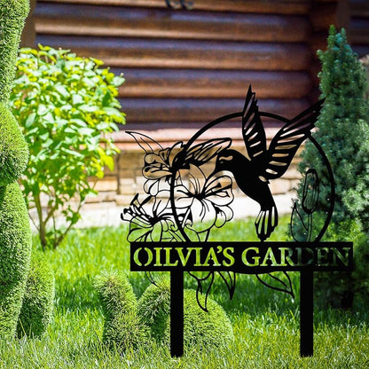 Custom Hummingbird Metal Garden Decor, Personalized Bird with Stakes Garden Sign, Flower Design Personalized Garden Sign, Custom Garden Name Sign, Home Gift, Large Outdoor Decor, Patio Decor