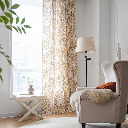 Sutuo Home Boho Curtains for Bedroom Living Room 96 Inches Length Long, Printing Moroccan Cotton Linen Rod Pocket Vibe Farmhouse Bohemian Tassels Window Treatment, 1 Panel 59" W x 96" L, Brown Damask