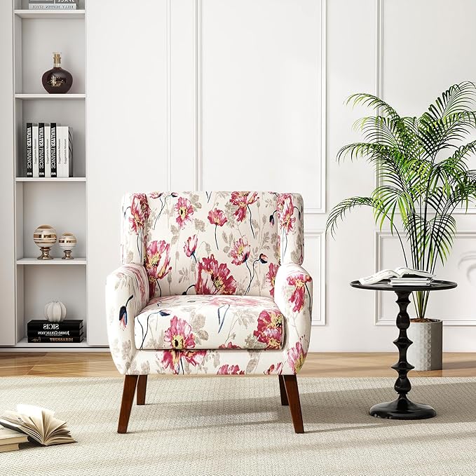 UIXE Floral Accent Chair, Modern Upholstered Armchair in Fabric for Living Room, Comfy Club Arm Chairs Single Sofa Button Tufted Bedroom Reading Seat - Pattern White, Set of 1