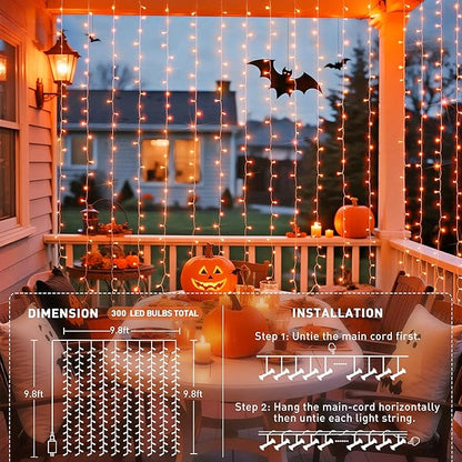 JMEXSUSS 300LED Orange Halloween Lights with Remote, 9.8x9.8ft Halloween Curtain Light, 8 Modes Orange Hanging String Lights Plug in for Fall Bedroom Thanksgiving Window Party Indoor Outdoor Decor