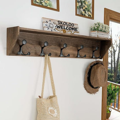 SKOLOO Wall Shelf with Hooks, 24-Inch Weathered Brown Coat Rack Wall Mount with Shelf Organizer - Lightweight & Sturdy, 5 Tri Hooks - Perfect for Entryway, Hallway, Living Room, Bedroom, Mudroom