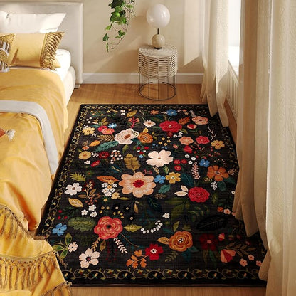 Area Rug 4x6 Rug Washable Boho Rugs Non Slip Low Pile Floral Small Carpet for Bedroom, Bedside, Kids Room, Office, Dining Room(Black)