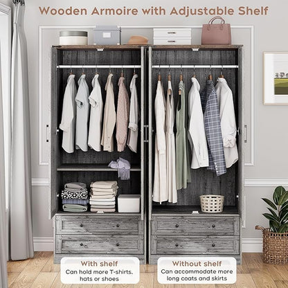 Brafab Armoire Wardrobe Closet with 2 Modern Doors, 71" Tall Freestanding Closet Wardrobe Cabinet with Drawers and Hanging Rail, Light Wooden Storage Cabinet with Shelve for Bedroom (Grey, 4 Doors)