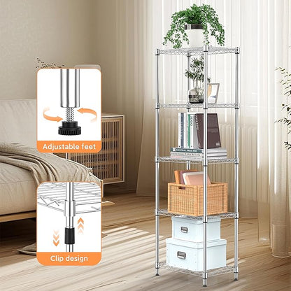 5 Tiers Shelf Metal Storage Shelves Wire Rack Closet Organizers with Wheel for Garage Kitchen Bathroom Laundry Chrome 11.8" D x 17.7" W x 55" H