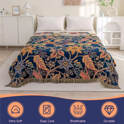 Boho Cotton Throw Blanket - Ultra-Soft Rustic Quilt for Bed, Home Decor & Travel - Large 90"x98" Muslin Blanket - All-Season Lightweight Bedspread & Throw for Women & Moms