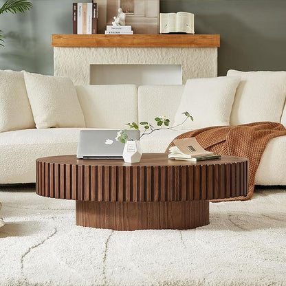 Oval Coffee Table for Living Room, Modern Fluted Coffee Tables with Pedestal Base, Handcrafted Centre Tea Tables Easy Assembly-43.7" Walnut