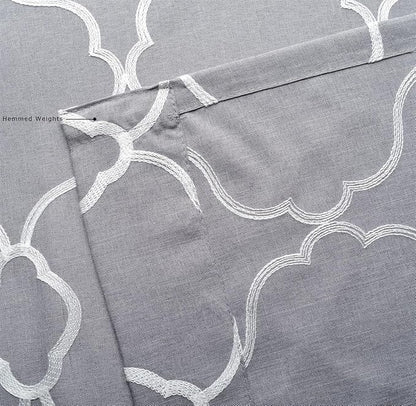 MIUCO Moroccan Embroidered Semi Sheer Curtains Linen Look Grommet Curtains for Living Room 52 x 84 Inch Set of 2, Grey