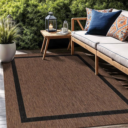 Bordered Outdoor Rug 9x12 Washable Outside Carpet for Indoor Patio Porch Waterproof Easy Cleaning Non Shedding Area Rugs Nut Brown - Black 9 x 12