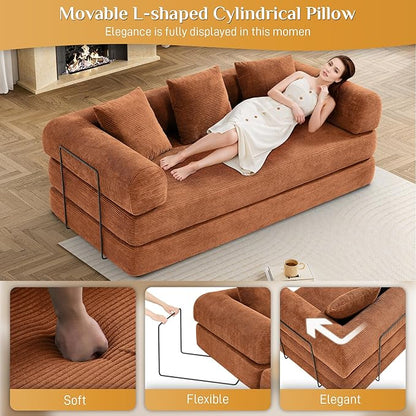 Convertible Sleeper Sofa Bed with Pillow, 4-in-1 Corduroy Folding Mattress Couch with Fixed-Shape Frame, Futon Fold Out Floor Sofa Cama Lounge Couch for Living Room Bedroom, Orange