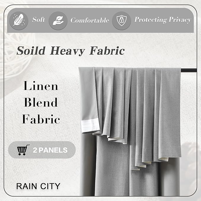 RAIN CITY 104 Inch Long Blackout Curtains 2 Panels Set,70 Inch Wide Back Tab Pleated Curtains with Hooks Track System,Energy Efficinet Linen Blend Drapes for Dining Room Hoom Office 70x104,Grey