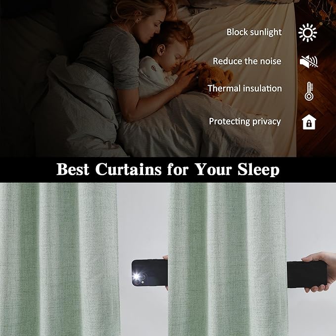 RAIN CITY Light Green Linen Blackout Curtains 96 Inch Long for Living Room,2 Panels Pinch Pleated Drape with Hooks Back Tab Boho Decor, Textured Full Black Out Curtains for Bedroom 50 x 96
