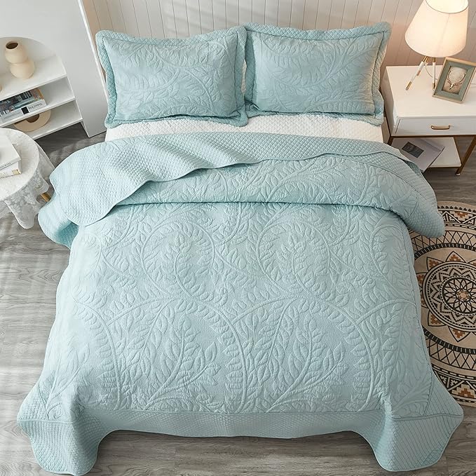 MarCielo 3-Piece 100% Cotton Oversized Bedspread Lightweight Quilt Coverlet Embroidery Farmhouse Bedding Set T0 (Aruba Blue, Oversized Queen (100"x106"))