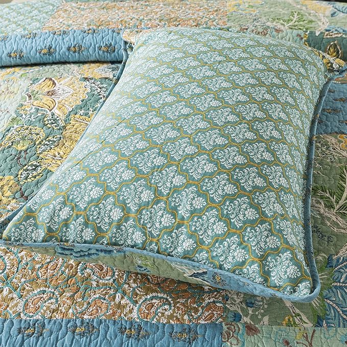 NEWLAKE Cotton Patchwork Bedspread, 3-Piece Bedding Quilt Set with Real Stitched Embroidery, Reversible Matelasse Bed Coverlet Set,Green Farmhouse Garden,King Size