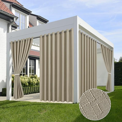 HolidayIdeas 4 Panels Linen Outdoor Curtains for Patio Waterproof Taupe Outside Curtains 110"x95"-Gazebo Wide Curtains Weighted Weatherproof, Privacy for Pergola, Porch, Cabana, Deck, Sunroom