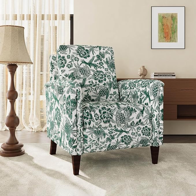 Floral Accent Chair Set of 2, High Back Upholstered Armchair with Solid Wooden Legs, Padded Armrest and Removable Comfortable Cushioned Seat Single Sofa for Living Room, Bedroom, Green