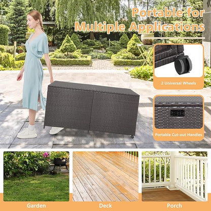 HAPPYGRILL 175 Gallon Outdoor Rattan Deck Box, Wicker Storage Bin with Zippered Liner & 2 Universal Wheels, Safe Pneumatic Rod, Patio Rattan Storage Container for Cushions Pillows