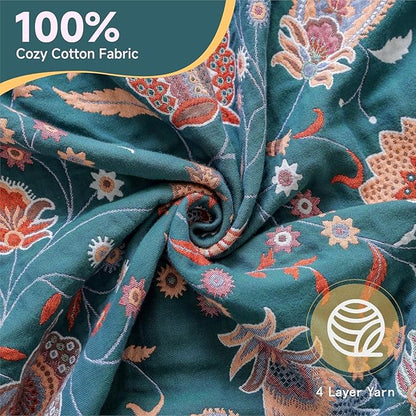 Boho Throw Blanket for Bed,100% Ultra Cotton Soft Breathable Bed Throw Floral Printed Farmhouse Decor Rustic Bed Throws for Couch Sofa Quilt White Flowers 60" x 80"