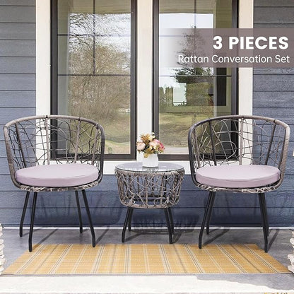 Kromax 3 Piece Bistro Set, Modern Outdoor Wicker Patio Furniture with Tempered Glass Table Top and 2 Chairs, Washable Cushions, Grey Rattan and Grey Cushion