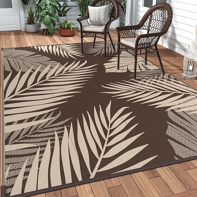 GENIMO Outdoor Rug 10' x 14' Waterproof for Patios Clearance, Reversible Outdoor Plastic Straw Camping Rug Carpet, Large Area Rugs Mats for RV, Camper, Deck, Balcony, Porch, Beach, Coffee&Beige